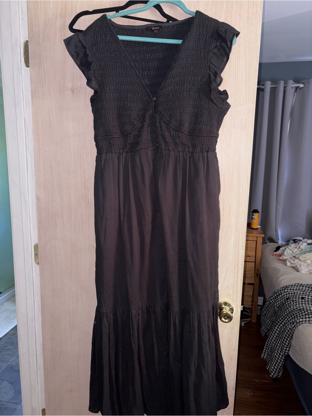 Quince Organic Textured Cotton Smocked V-Neck Midi Dress in True Black
